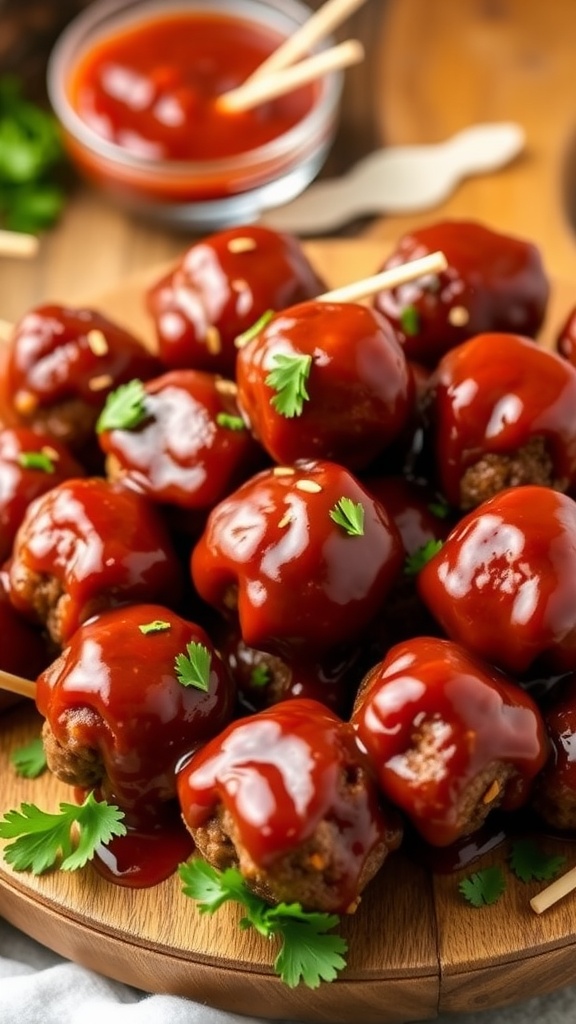 A plate of barbecue meatballs coated in sauce, garnished with parsley, with a bowl of sauce on the side.